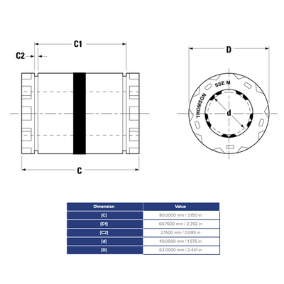 SSEM40 THOMSON BALL BUSHING<BR>SSE SERIES 40MM CLOSED LINEAR BEARING SELF ALIGNING ADJUSTABLE 3079.88 LBF